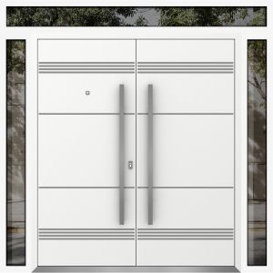 Front Exterior Prehung Metal Double Doors / Deux 1705 White Enamel / 2 Sidelights and Top Transom / Entry Modern Painted 104x112 (W16+72+16" x H96+16") Right hand Inswing