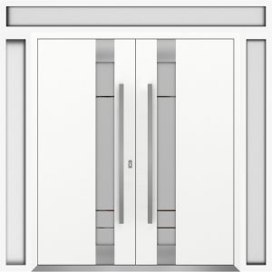 Front Exterior Prehung Metal Double Doors / Deux 1713 White Enamel Frosted Glass / 2 Sidelights and Top Transom / Entry Modern Painted 104x96 (W16+72+16" x H80+16") Right hand Inswing