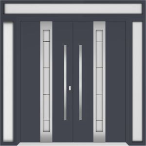 Front Exterior Prehung Metal Double Doors / Deux 1717 Gray Graphite Frosted Glass / 2 Sidelights and Top Transom / Entry Modern Painted 104x112 (W16+72+16" x H96+16") Left hand Inswing