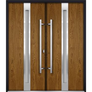 Front Exterior Prehung Metal Double Doors / Deux 1744 Natural Oak Frosted Glass / Entry Modern Painted (W72" x H80") Left hand Inswing