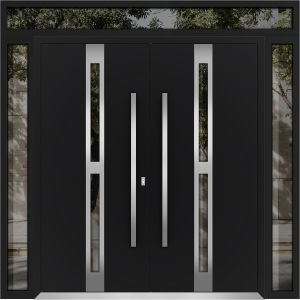 Front Exterior Prehung Metal Double Doors / Deux 1755 Black Enamel Opaque Black Glass / 2 Sidelights and Top Transom / Entry Modern Painted 104x96 (W16+72+16" x H80+16") Left hand Inswing