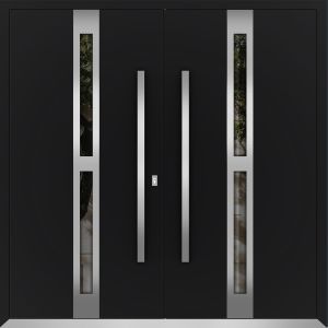 Front Exterior Prehung Metal Double Doors / Deux 1755 Black Enamel Opaque Black Glass / Top Transom / Entry Modern Painted (W72" x H96") Left hand Inswing