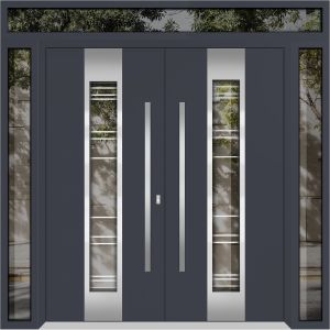 Front Exterior Prehung Metal Double Doors / Deux 5755 Gray Graphite Clear Glass / 2 Sidelights and Top Transom / Entry Modern Painted 104x112 (W16+72+16" x H96+16") Right hand Inswing