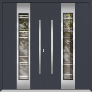 Front Exterior Prehung Metal Double Doors / Deux 5755 Gray Graphite Clear Glass / Entry Modern Painted (W72" x H96") Left hand Inswing