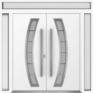 Front Exterior Prehung Metal Double Doors / Deux 6500 White Enamel Frosted Glass / 2 Sidelights and Top Transom / Entry Modern Painted 104x112 (W16+72+16" x H96+16") Right hand Inswing