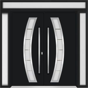 Front Exterior Prehung Metal Double Doors / Deux 6500 Black Enamel Frosted Glass / 2 Sidelights and Top Transom / Entry Modern Painted 104x112 (W16+72+16" x H96+16") Right hand Inswing