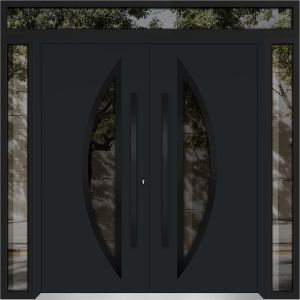 Front Exterior Prehung Metal Double Doors / Deux 6501 Black Enamel Opaque Black Glass / 2 Sidelights and Top Transom / Entry Modern Painted 104x96 (W16+72+16" x H80+16") Right hand Inswing