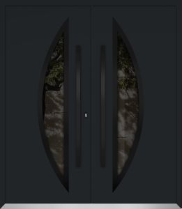 Front Exterior Prehung Metal Double Doors / Deux 6501 Black Enamel Opaque Black Glass / Entry Modern Painted (W72" x H80") Left hand Inswing