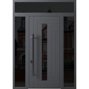 Front Exterior Prehung Steel Door / Ronex 0130 Grey 96" / 2 Sidelight and Transom Window Sidelite / Entry Metal Modern Painted W16+36+16" x H96+16" Right hand Inswing