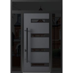 Front Exterior Prehung Steel Door / Ronex 0131 Grey 96" / 2 Sidelight and Transom Window Sidelite / Entry Metal Modern Painted W16+36+16" x H96+16" Right hand Inswing