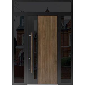 Front Exterior Prehung Steel Door / Dekton 0163 Venezia Noce 96”/ 2 Side and Top Exterior Window Sidelite / Entry Metal Modern Painted W16+36+16" x H96+16" Right hand Inswing