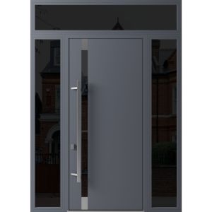 Front Exterior Prehung Steel Door / Ronex 1011 Grey 96" / 2 Sidelight and Transom Window Sidelite / Stainless Inserts Entry Metal Modern Painted W16+36+16" x H96+16" Right hand Inswing