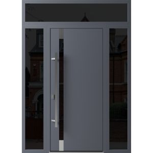 Front Exterior Prehung Steel Door / Ronex 1011 Grey / 2 Sidelight and Transom Window Sidelite / Stainless Inserts Entry Metal Modern Painted W16+36+16" x H80+16" Right hand Inswing