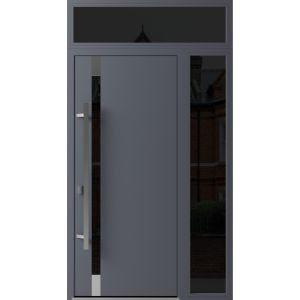 Front Exterior Prehung Steel Door / Ronex 1011 Grey / Sidelight and Transom Window Sidelite / Stainless Inserts Entry Metal Modern Painted W36+16" x H80+16" Right hand Inswing