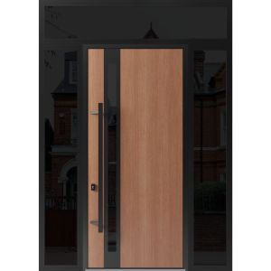 Front Exterior Prehung Steel Door / Ronex 1033 Teak 96" / 2 Sidelight and Transom Window Sidelite / Entry Metal Modern Painted W16+36+16" x H96+16" Right hand Inswing