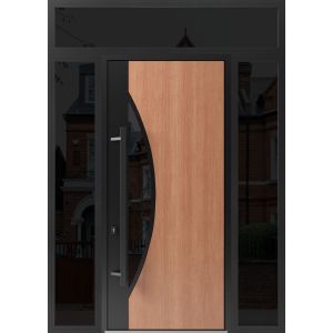 Front Exterior Prehung Steel Door / Ronex 1077 Teak 96" / 2 Sidelight and Transom Window Sidelite / Entry Metal Modern Painted W16+36+16" x H96+16" Right hand Inswing