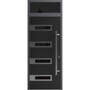 Front Exterior Prehung Steel Door / Ronex 0131 Black Enamel / Transom Window Sidelite / Stainless Inserts Entry Metal Modern Painted W36" x H80+16" Left hand Inswing