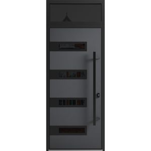 Front Exterior Prehung Steel Door / Ronex 0131 Grey / Transom Window Sidelite / Entry Metal Modern Painted W36" x H80+16" Left hand Inswing
