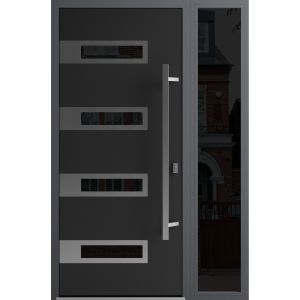 Front Exterior Prehung Steel Door / Ronex 0131 Black Enamel / Sidelight Exterior Window Sidelite / Stainless Inserts Entry Metal Modern Painted W36+12" x H80" Left hand Inswing