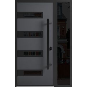 Front Exterior Prehung Steel Door / Ronex 0131 Grey / Sidelight Exterior Window Sidelite / Entry Metal Modern Painted W36+12" x H80" Left hand Inswing
