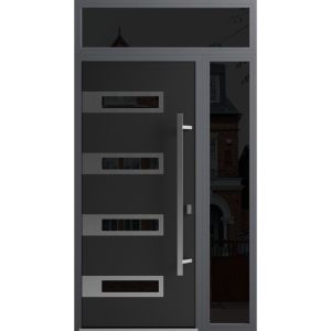 Front Exterior Prehung Steel Door / Ronex 0131 Black Enamel / Sidelight and Transom Window Sidelite / Stainless Inserts Entry Metal Modern Painted W36+12" x H80+16" Left hand Inswing