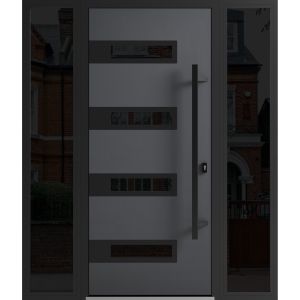 Front Exterior Prehung Steel Door / Ronex 0131 Grey / 2 Sidelight Exterior Windows Sidelites/ Entry Metal Modern Painted W12+36+12" x H80" Left hand Inswing