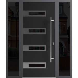 Front Exterior Prehung Steel Door / Ronex 0131 Black Enamel / 2 Sidelight Exterior Windows Sidelites/ Stainless Inserts Entry Metal Modern Painted W12+36+12" x H80" Left hand Inswing