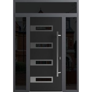 Front Exterior Prehung Steel Door / Ronex 0131 Black Enamel / 2 Sidelight and Transom Window Sidelite / Stainless Inserts Entry Metal Modern Painted W12+36+12" x H80+16" Left hand Inswing