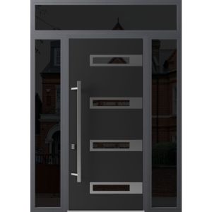 Front Exterior Prehung Steel Door / Ronex 0131 Black Enamel 96" / 2 Sidelight and Transom Window Sidelite / Stainless Inserts Entry Metal Modern Painted W16+36+16" x H96+16" Right hand Inswing