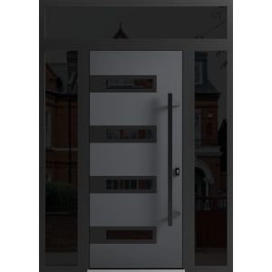 Front Exterior Prehung Steel Door / Ronex 0131 Grey / 2 Sidelight and Transom Window Sidelite / Entry Metal Modern Painted W12+36+12" x H80+16" Left hand Inswing