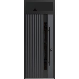 Front Exterior Prehung Steel Door / Ronex 0144 Grey / Transom Window Sidelite / Entry Metal Modern Painted W36" x H80+16" Left hand Inswing