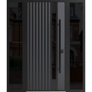 Front Exterior Prehung Steel Door / Ronex 0144 Grey / 2 Sidelight Exterior Windows Sidelites/ Entry Metal Modern Painted W12+36+12" x H80" Left hand Inswing