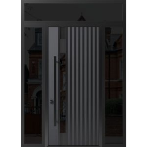 Front Exterior Prehung Steel Door / Ronex 0144 Grey 96" / 2 Sidelight and Transom Window Sidelite / Entry Metal Modern Painted W16+36+16" x H96+16" Right hand Inswing