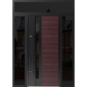 Front Exterior Prehung Steel Door / Ronex 0162 Red Oak 96" / 2 Sidelight and Transom Window Sidelite / Entry Metal Modern Painted W16+36+16" x H96+16" Right hand Inswing