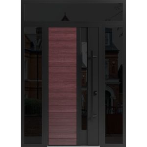 Front Exterior Prehung Steel Door / Ronex 0162 Red Oak / 2 Sidelight and Transom Window Sidelite / Entry Metal Modern Painted W12+36+12" x H80+16" Left hand Inswing