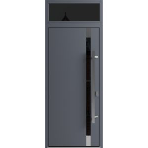 Front Exterior Prehung Steel Door / Ronex 1011 Grey / Transom Window Sidelite / Stainless Inserts Entry Metal Modern Painted W36" x H80+16" Left hand Inswing