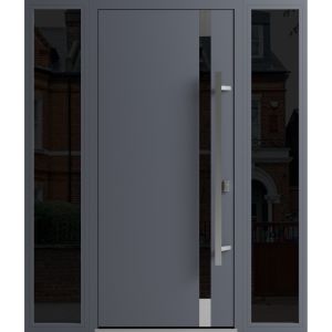 Front Exterior Prehung Steel Door / Ronex 1011 Grey / 2 Sidelight Exterior Windows Sidelites/ Stainless Inserts Entry Metal Modern Painted W12+36+12" x H80" Left hand Inswing