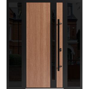 Front Exterior Prehung Steel Door / Ronex 1033 Teak / 2 Sidelight Exterior Windows Sidelites/ Entry Metal Modern Painted W12+36+12" x H80" Left hand Inswing