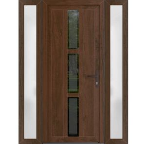Front Exterior Prehung Metal-Plastic Door | Manux 8112 Walnut | 2 Side Sidelite Transoms | Office Commercial and Residential Doors Entrance Patio Garage 60" x 80" (W12+36+12" x H80") Left hand Inswing