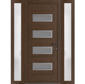 Front Exterior Prehung Metal-Plastic Door | Manux 8113 Walnut | 2 Side Sidelite Transoms | Office Commercial and Residential Doors Entrance Patio Garage 60" x 80" (W12+36+12" x H80") Left hand Inswing