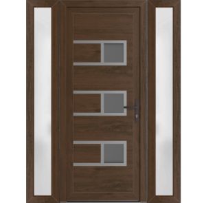 Front Exterior Prehung Metal-Plastic Door | Manux 8933 Walnut | 2 Side Sidelite Transoms | Office Commercial and Residential Doors Entrance Patio Garage 54" x 80" (W12+30+12" x H80") Left hand Inswing