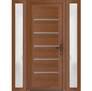 Front Exterior Prehung Metal-Plastic Door | Manux 8415 Walnut | 2 Side Sidelite Transoms | Office Commercial and Residential Doors Entrance Patio Garage 60" x 80" (W12+36+12" x H80") Left hand Inswing