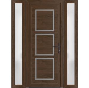 Front Exterior Prehung Metal-Plastic Door | Manux 8661 Walnut | 2 Side Sidelite Transoms | Office Commercial and Residential Doors Entrance Patio Garage 60" x 80" (W12+36+12" x H80") Left hand Inswing