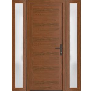 Front Exterior Prehung Metal-Plastic Door | Manux 8111 Walnut | 2 Side Sidelite Transoms | Office Commercial and Residential Doors Entrance Patio Garage 60" x 80" (W12+36+12" x H80") Left hand Inswing
