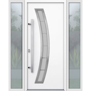 Front Exterior Prehung Steel Door / Deux 6500 White / 2 Sidelight Exterior Windows / Stainless Inserts Single Modern Painted-W12+36+12" x H80"-Right-hand Inswing