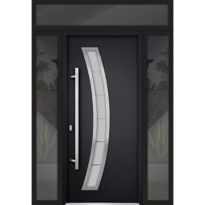 Front Exterior Prehung Steel Door / Deux 6500 Black / 2 Sidelight and Transom Window / Stainless Inserts Single Modern Painted-W16+36+16" x H96+16"-Right-hand Outswing
