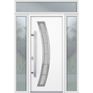 Front Exterior Prehung Steel Door / Deux 6500 White / 2 Sidelight and Transom Window / Stainless Inserts Single Modern Painted-W16+36+16" x H96+16"-Right-hand Outswing
