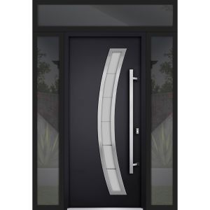 Front Exterior Prehung Steel Door / Deux 6500 Black / 2 Sidelight and Transom Window / Stainless Inserts Single Modern Painted-W16+36+16" x H96+16"-Left-hand Outswing