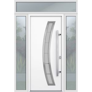 Front Exterior Prehung Steel Door / Deux 6500 White / 2 Sidelight and Transom Window / Stainless Inserts Single Modern Painted-W16+36+16" x H96+16"-Left-hand Outswing