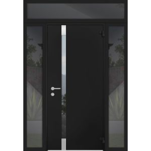 Front Exterior Prehung Steel Door / Cynex 6777 Black / 2 Sidelight and Transom Window / Stainless Inserts Single Modern Painted-W16+36+16" x H96+16"-RH-O